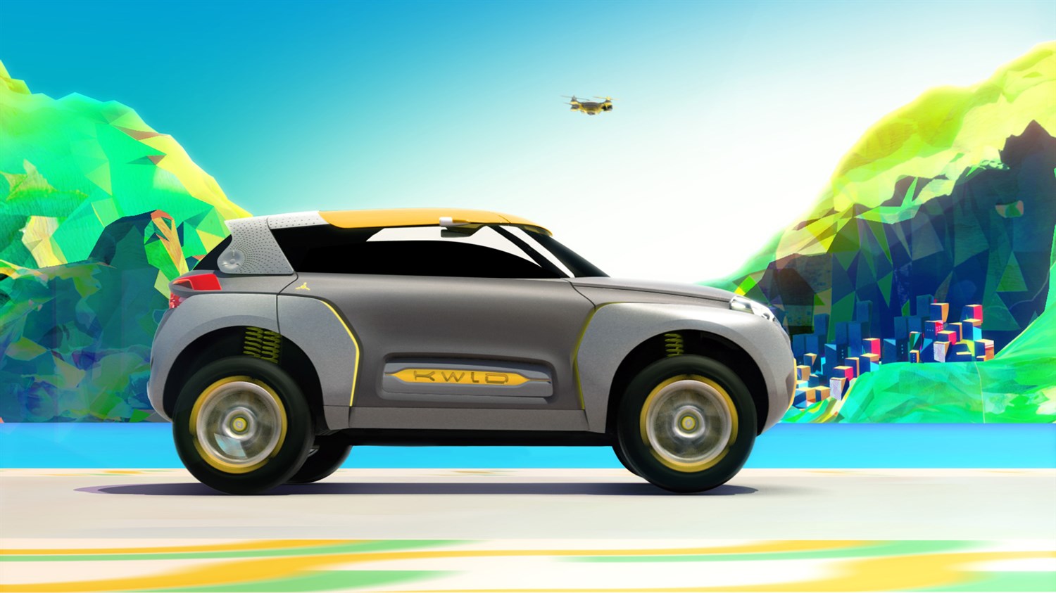 Renault Kwid Concept - vehicle and drone with mountain background